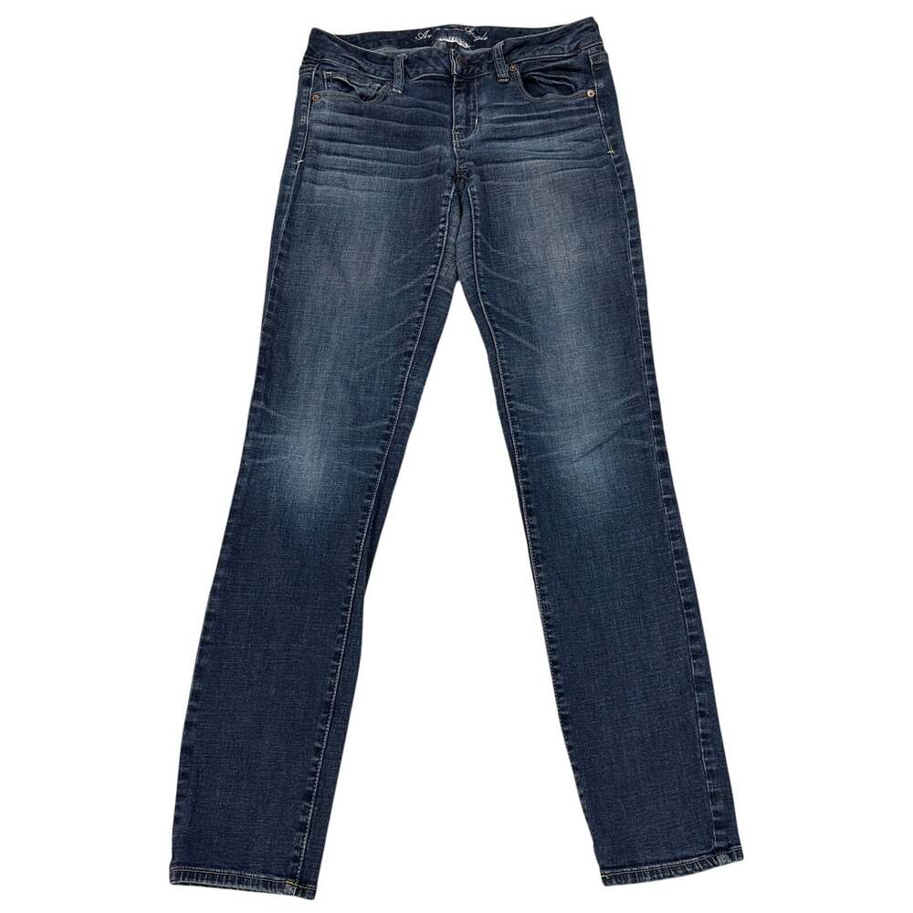American Eagle Jeans Womens 8 Long Blue Skinny Super Stretch Low Rise Distressed